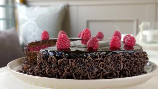 Čokoládový malinový dort s čerstvými malinami a ozdobnými čokoládovými spirálami ve směru hodinových ručiček
