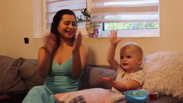 Mother Dancing Her Little Daughter Couch — Stock Video