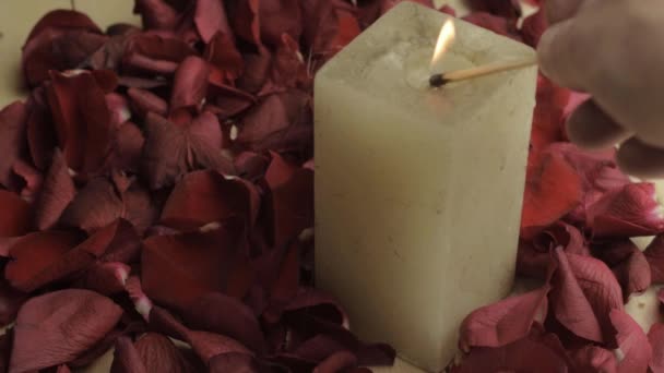 Éclairage Une Bougie Avec Des Pétales Rose Rouge Fond — Video