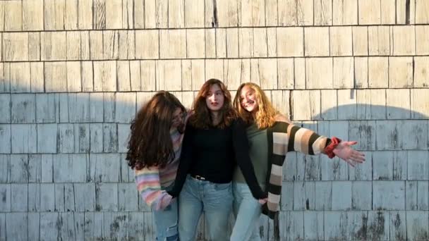 Portrait Three Teen Sisters Goofing Camera — Stock Video