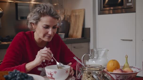 부엌에서 식탁에 요리를 크리스마스 과즐기고 장식에 둘러싸여 슬리와 거트와 건강에 — 비디오