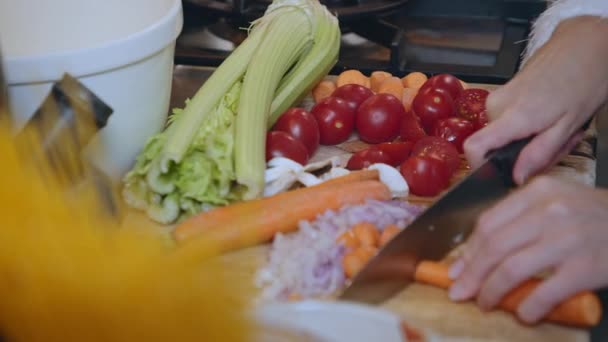 Manos Una Mujer Joven Cortando Zanahorias Una Tabla Cortar Cocina — Vídeos de Stock