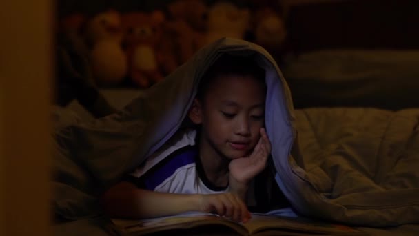 Мальчик Книгой Кровати Одеялом — стоковое видео