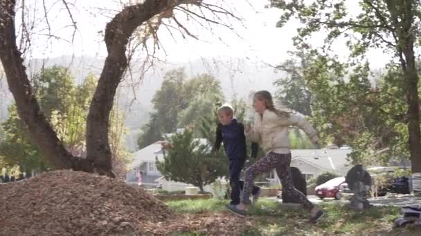 两个孩子跑着跳进一堆树叶里 以120Fps的速度射击 — 图库视频影像