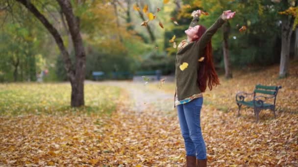 Slow Motion Bella Giovane Rossa Piedi Parco Autunno Con Foglie — Video Stock