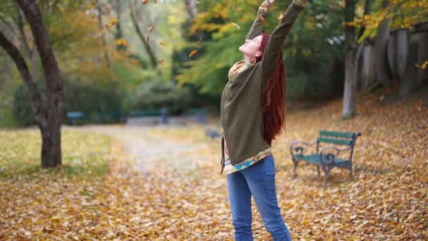 Slow Motion Bella Giovane Rossa Piedi Parco Autunno Con Foglie — Video Stock