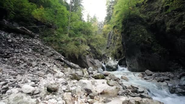 一名男子白天在斯洛文尼亚戈兹德 马尔特列克和特里格拉夫国家公园探险马蒂列克瀑布 走上山 山水流过山边 — 图库视频影像