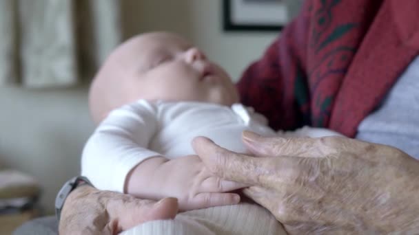 おばあちゃんの座って 新生児の男の子を保持する上で閉鎖 世代間年齢差概念 優しさ — ストック動画