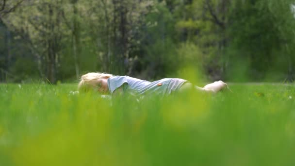 かわいい夏の女の子は緑の活気のある草の中に平らです フィールドの浅い深さで静的なショット — ストック動画