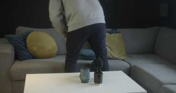 Młody Mężczyzna Dostosowuje Się Rzucać Poduszki Kanapę Jego Mieszkaniu Szeroki — Wideo stockowe