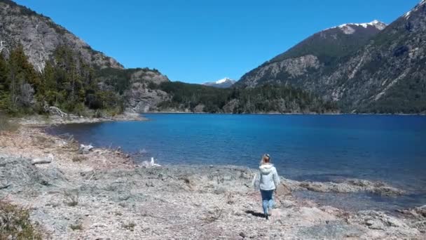 Žena Dívka Blíží Jezeru Kráčí Skalách Otevřete Náruč Dorazí Vzdušný — Stock video