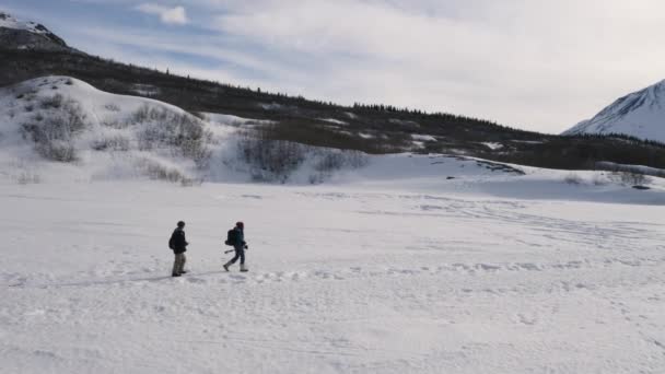 Vista Aérea Joven Mujer Caminando Nieve Rodeada Montañas Alaska — Vídeos de Stock