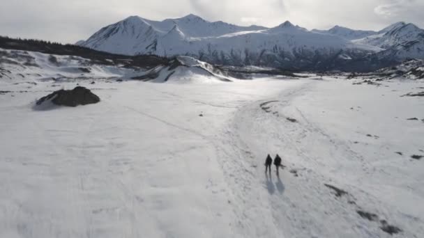 アラスカを背景に山脈を背景に雪の中で若い男と女のハイキングの空中移動ショット — ストック動画