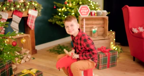 Young Boy Enjoys Sitting Rocking Horse Sways Back Forth — Stock Video