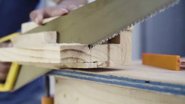 Close Detail Shot Saw Teeth Cutting Wood Workbench Manual Labor — Stock Video