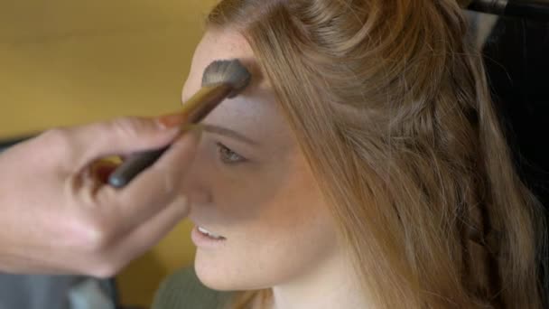 Artista Maquiagem Aplica Blush Rosto Modelo Ruivo Feche — Vídeo de Stock