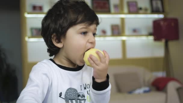Młody Maluch Chłopiec Brązowymi Włosami Zjada Jabłko — Wideo stockowe