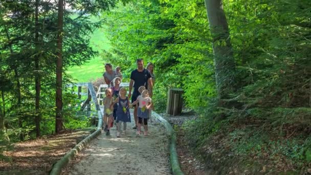 Velká rodina kráčí lesem po stezce, smějí se a baví se, štěstí, malé děti, máma a táta