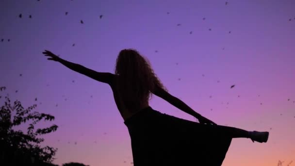 Piękna Kobieta Tańcząca Tonacji Natury Sięgająca Fioletowe Niebo Low Angle — Wideo stockowe