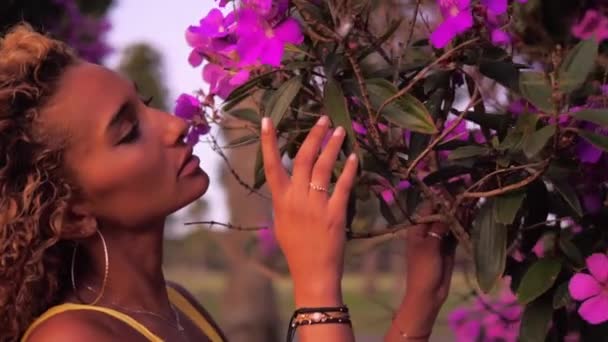 Mujer Sola Parque Oliendo Hermoso Aroma Las Flores Centradenia Púrpura — Vídeo de stock