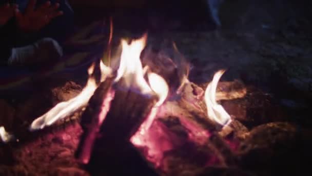 Poor Boy Sitting Next Fire Winter Night — Stock Video