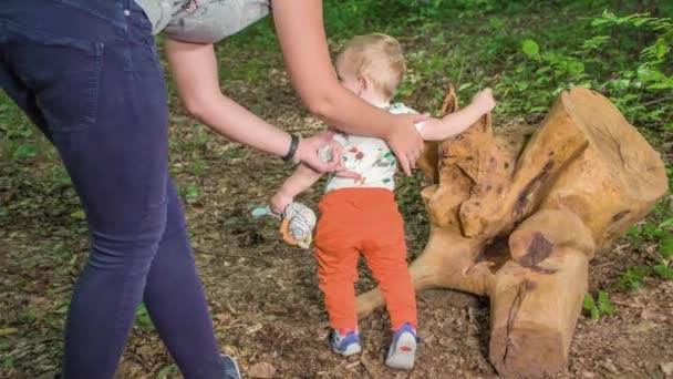 Küçük Çocuk Annesiyle Birlikte Ahşap Dağ Aslanı Heykelinin Yanında Oynuyor — Stok video