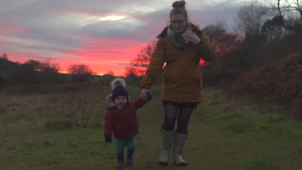 歩いている間に母と手をつないでいる小さな男の子 背景に夕日 — ストック動画