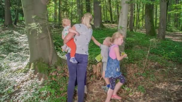 明るい晴れた日に緑豊かな緑のジャングルの中で家族と一緒に子供たちの外出 スローモーション — ストック動画