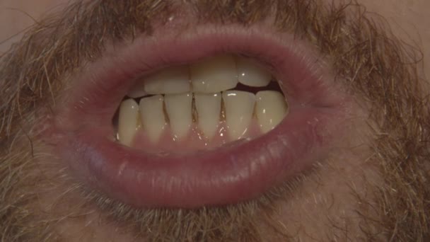 Закрыть Зубную Табличку Между Зубами Бородатого Мужчины — стоковое видео