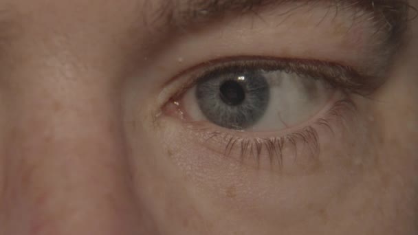 Nahaufnahme Einer Pupille Mit Verengten Blauen Augen Blick Aus Der — Stockvideo