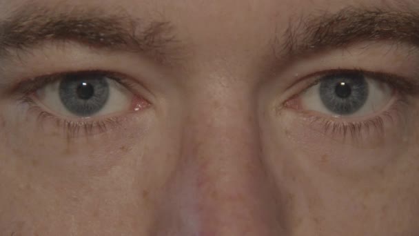 Großaufnahme Eines Paares Blauer Augen Das Sich Öffnet Und Die — Stockvideo