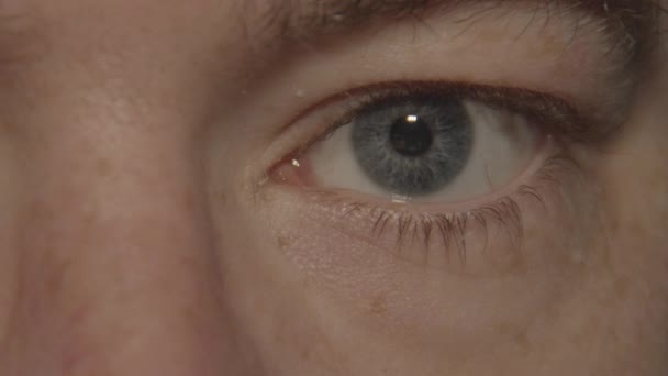 Primo Piano Della Pupilla Occhi Azzurri Restringendo Guardando Lente — Video Stock