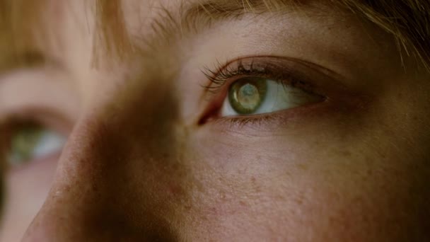 コンタクトレンズと赤い毛細血管と女性の緑の目の極端なクローズアップ 形態学と医療の概念 — ストック動画