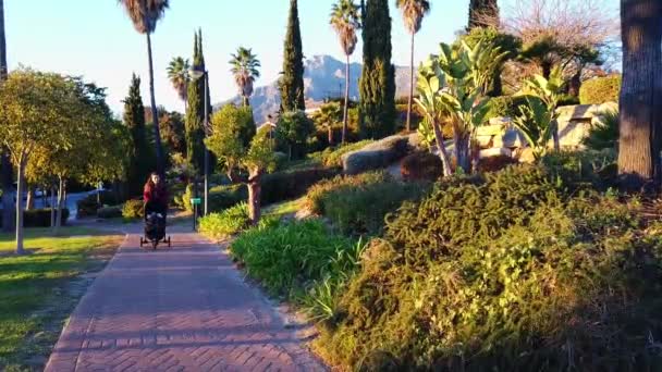 Mujer Caminando Hijo Día Soleado Parque — Vídeos de Stock