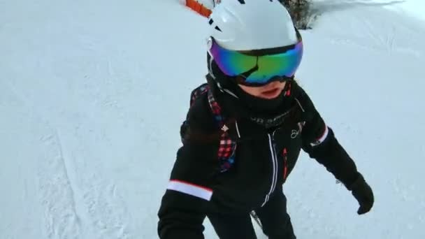 Женщина Катается Лыжах Зимних Пейзажах — стоковое видео