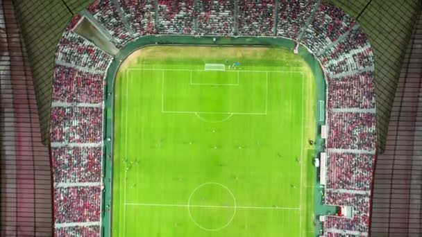 Aerial Top Drone Shot Soccer Field Football Stadium Night Time — Stock Video