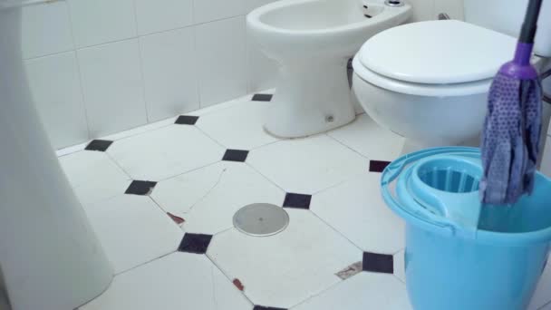 Medium Shot Mop Squeezing Bucket Wringer Restroom — Stock Video