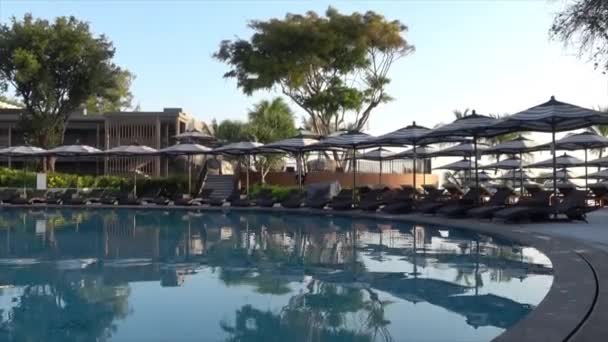 Paraply Och Pool Säng Runt Utomhuspool Hotellet Resort För Resor — Stockvideo