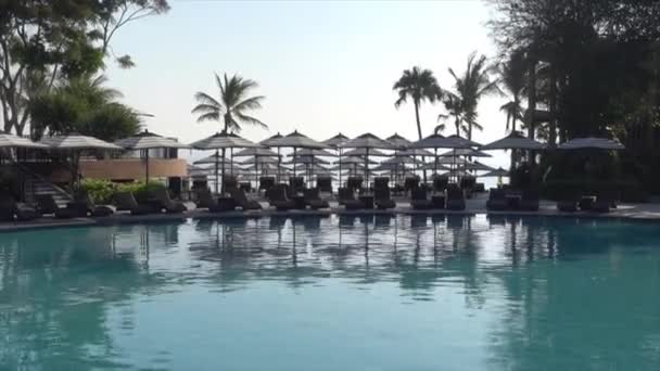 Sonnenschirm Und Poolbett Rund Freibad Hotelanlage Für Reise Urlaubskonzept — Stockvideo