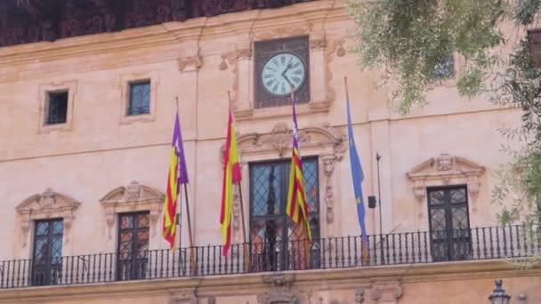 Een Close Van Horloge Vlaggen Het Stadhuis Van Palma Mallorca — Stockvideo