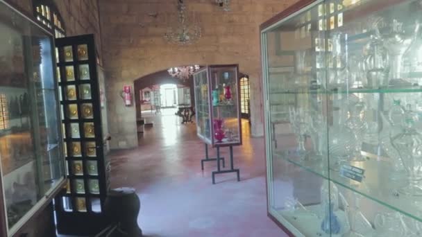 Gordiola Glasssworks Mallorca Müzesi Nin Sergilerinin Bir Görüntüsü Cam Işçiliğinin — Stok video
