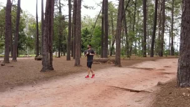 Homem Caucasiano Correr Trilha Floresta Tiro Pan — Vídeo de Stock