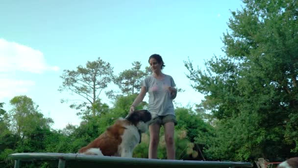 San Bernardo Mujer Joven Saltando Sobre Cama Elástica Patio Cámara — Vídeos de Stock