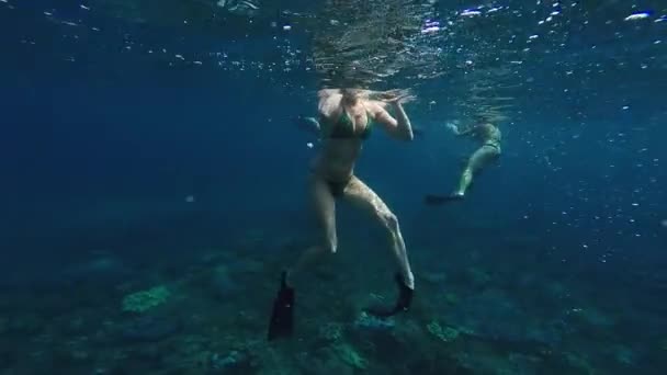 Водой Взгляд Молодой Женщины Плавающей Трубкой Синем Океане Глотающей Воздух — стоковое видео