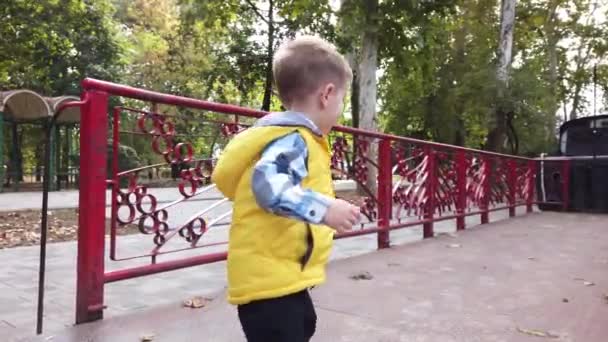 Европейский Кавказский Двухлетний Симпатичный Мальчик Бежит Улыбаясь Стальной Платформе Парке — стоковое видео