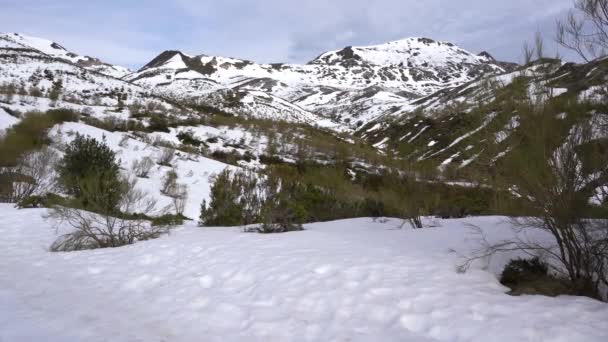 Trekking Mujeres Las Montañas Nevadas Del Norte España — Vídeo de stock