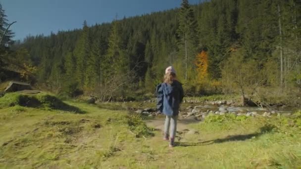 Mała Dziewczynka Czapce Spacerująca Samotnie Pustą Ścieżką Kierunku Tatrzańskiego Potoku — Wideo stockowe