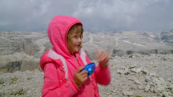 Little Optimistic Girl Taking Photo Camera Trip Mountains Showing How — Stock Video