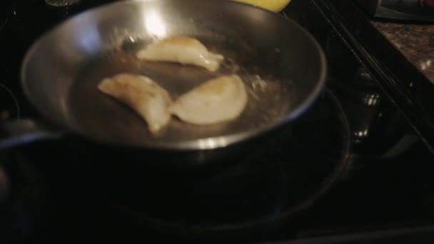 Steka Läckra Dumplings Rostfri Kastrull Med Matlagning Olja Med Hjälp — Stockvideo