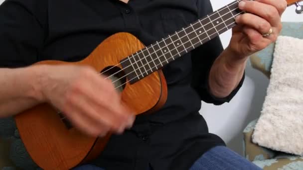 Niski Widok Kobiety Grającej Ukulele Odpychającej Podręcznej — Wideo stockowe